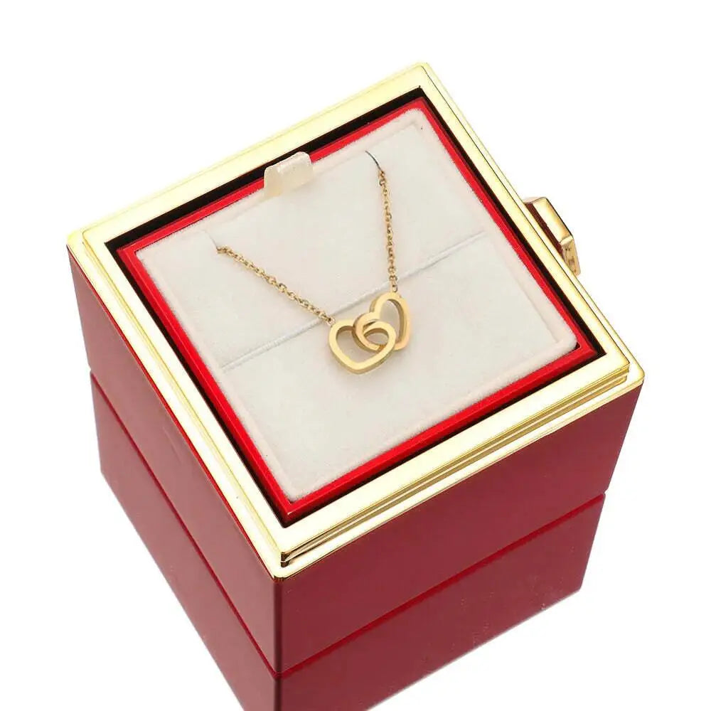 2024 New Eternal Real Rose Rotating Box Double Heart Custom Engraved Name Steel Necklace for Valentines Birthday Jewelry Gift