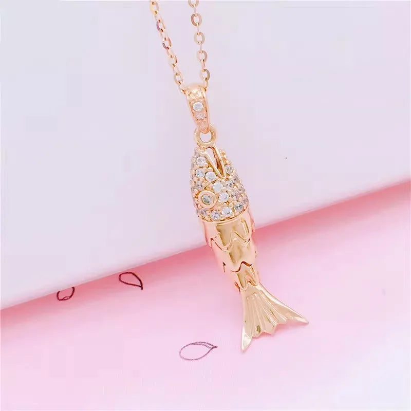 585 Purple Gold Creative Shiny Fish-Shaped Necklace Classic Plated 14K Rose Gold Pendant Clavicle Chain New in Jewelry